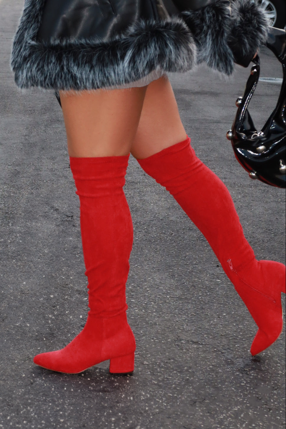 New Moon Over The Knee Block Heel Boots - Red