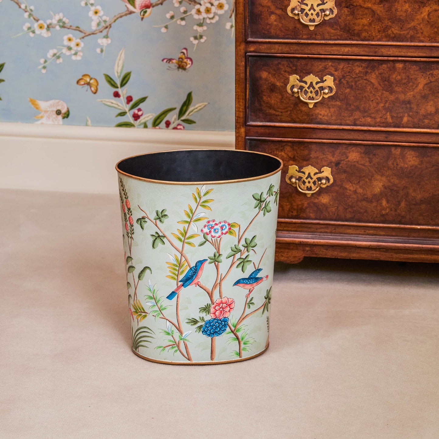 Green Chinoiserie Oval Tole Waste Paper Bin