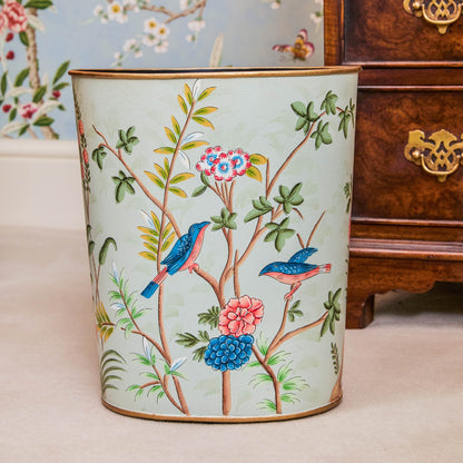 Green Chinoiserie Oval Tole Waste Paper Bin