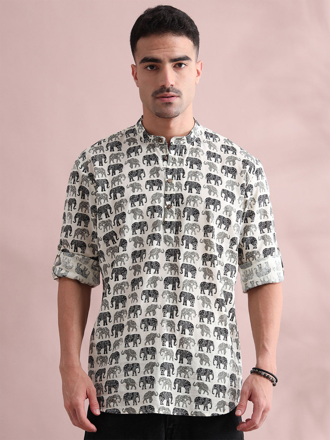 Animal Printed Band Collar Pure Cotton Short Kurta
