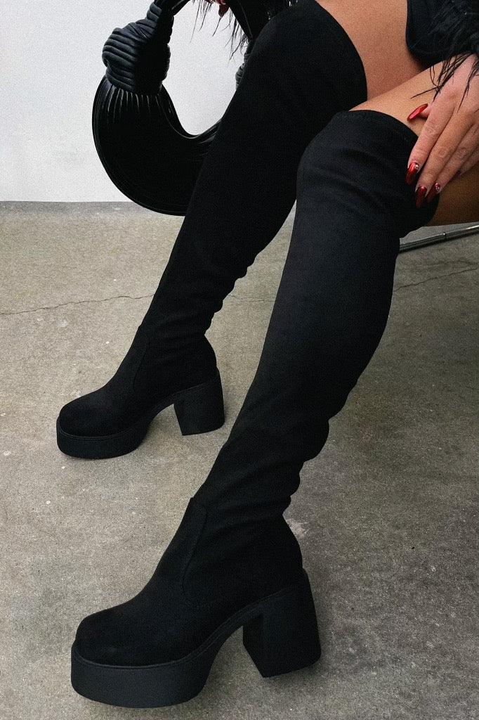 Reezy Over The Knee Platform Block Heel Boots - Black