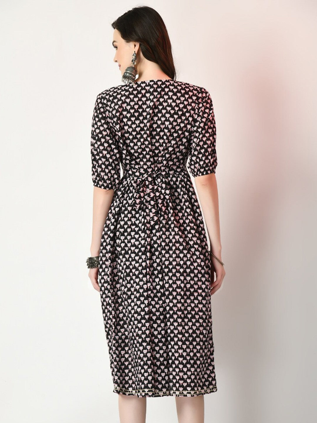 Black Ethnic Motifs Printed Gathered Detailed Cotton A-Line Ethnic Dress