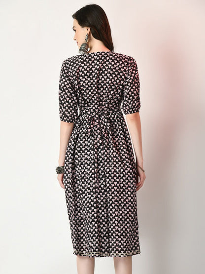 Black Ethnic Motifs Printed Gathered Detailed Cotton A-Line Ethnic Dress