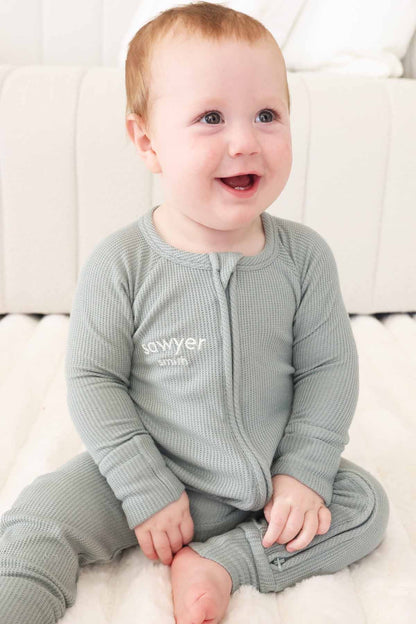 Embroidered Bamboo Waffle Convertible Zip Romper | Seagrass
