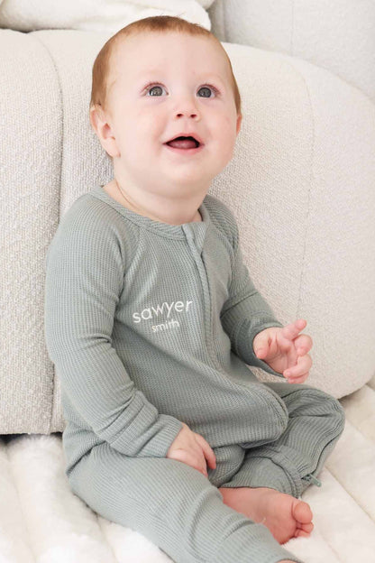 Embroidered Bamboo Waffle Convertible Zip Romper | Seagrass