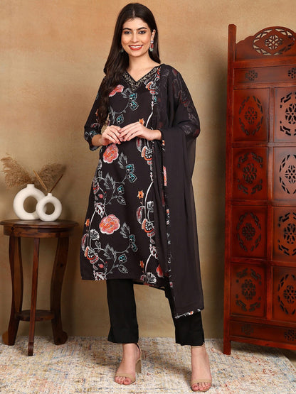 Black Floral Printed Zari Work Straight Kurta With Trousers & Dupatta