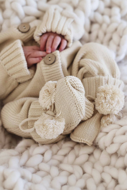 Knit Pom Pom Baby Booties | Sand