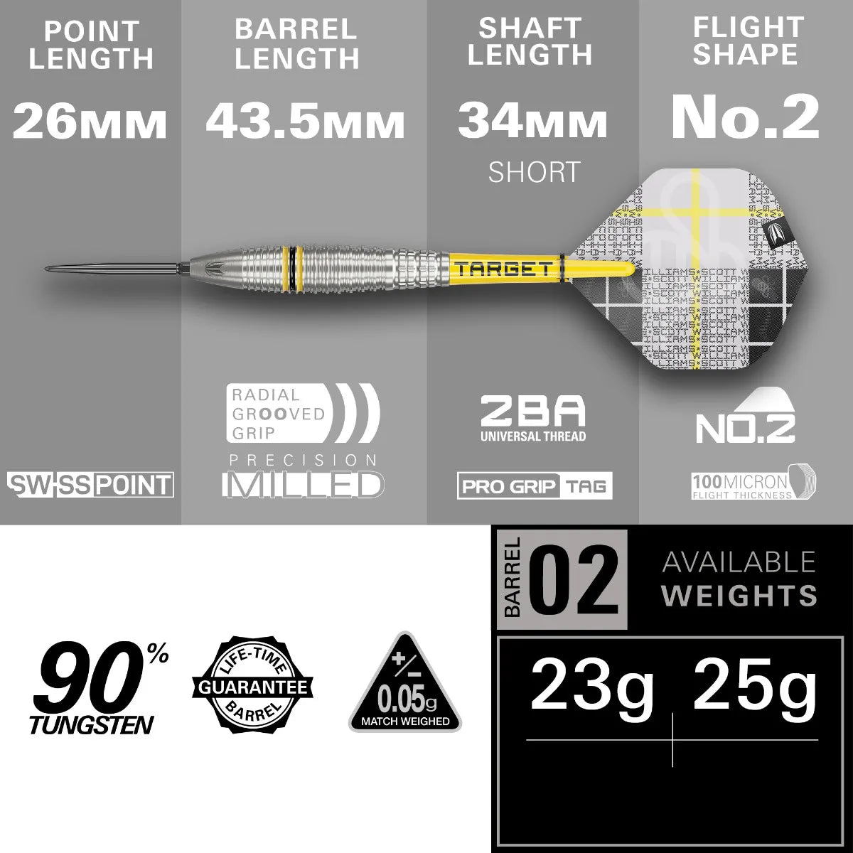 TARGET - 23g - Scott Williams G2 SP Steel Tip Darts - 90% Tungsten