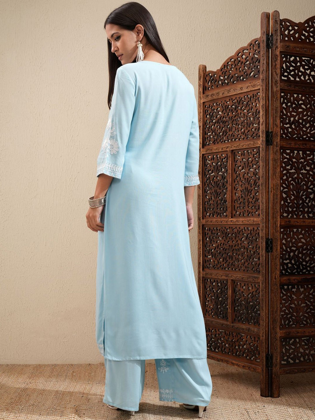 Blue Floral Embroidered Round Neck Thread Work Kurta With Palazzos