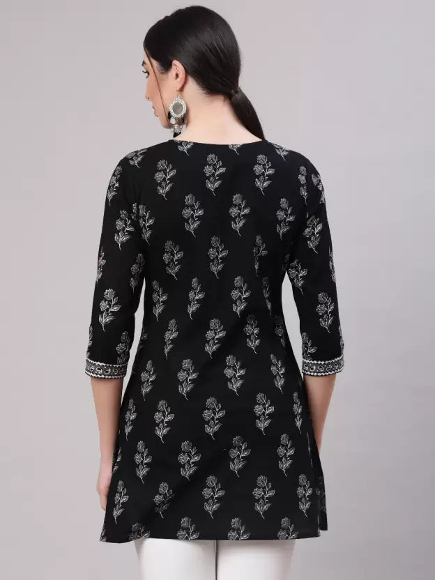 Black Floral Printed Straight Kurtis