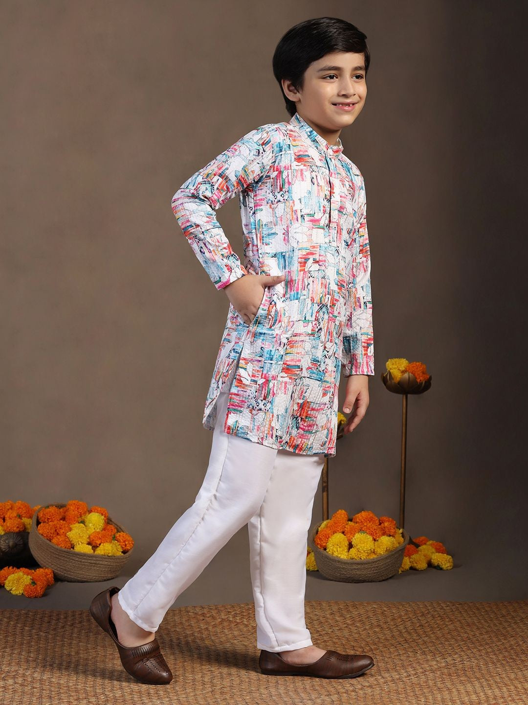 Boys Floral Printed Regular Kurta with Pyjamas