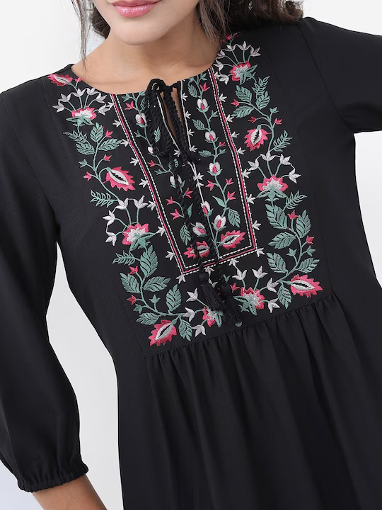 Black Floral Embroidered Tie-Up Neck A-Line Mini Dress