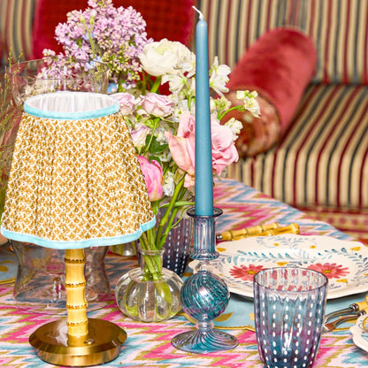 Bamboo Short Rechargeable Lamp with Caramel & Blue Lotus Shade (18cm)
