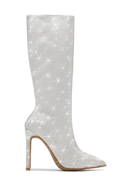 After Party Embellished High Heel Boots - Silver