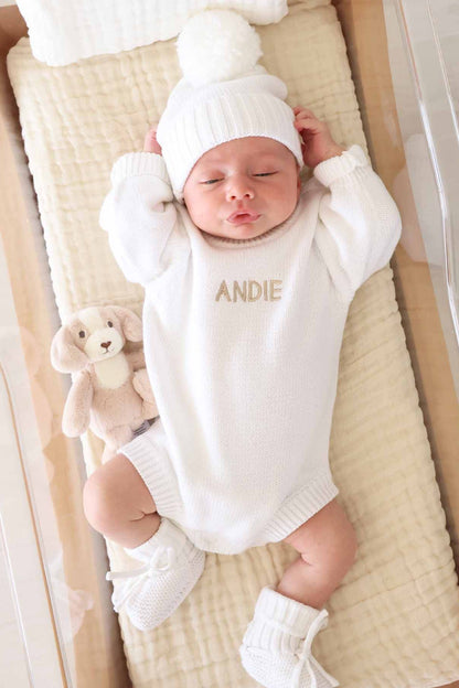 Embroidered Knit Sweater Bubble Romper | Snow