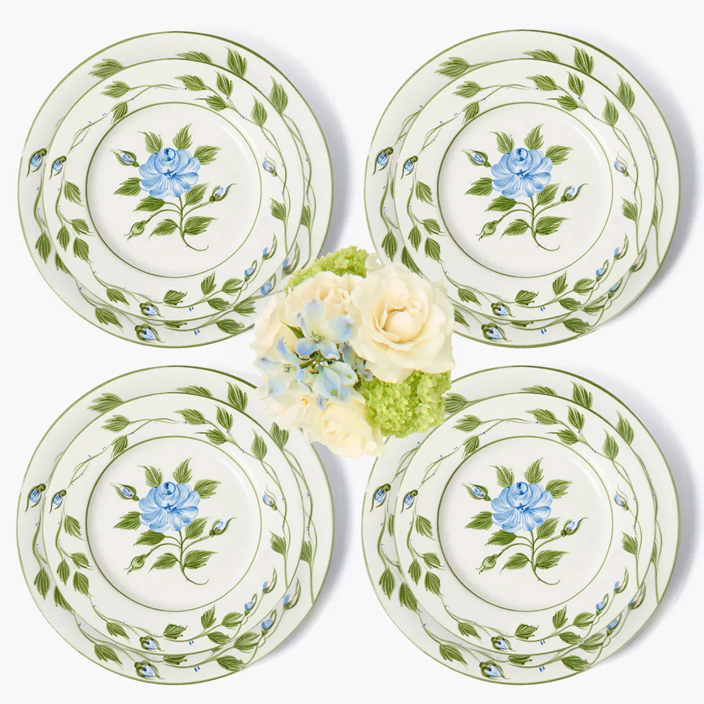 Blue Rose Bud Dinner & Starter Plates (Set of 8)