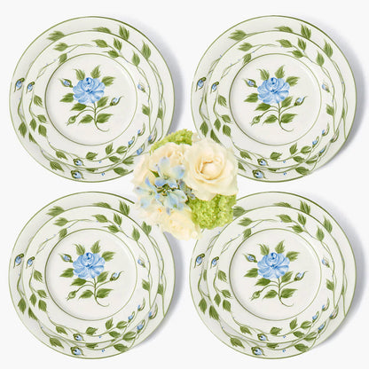Blue Rose Bud Dinner & Starter Plates (Set of 8)