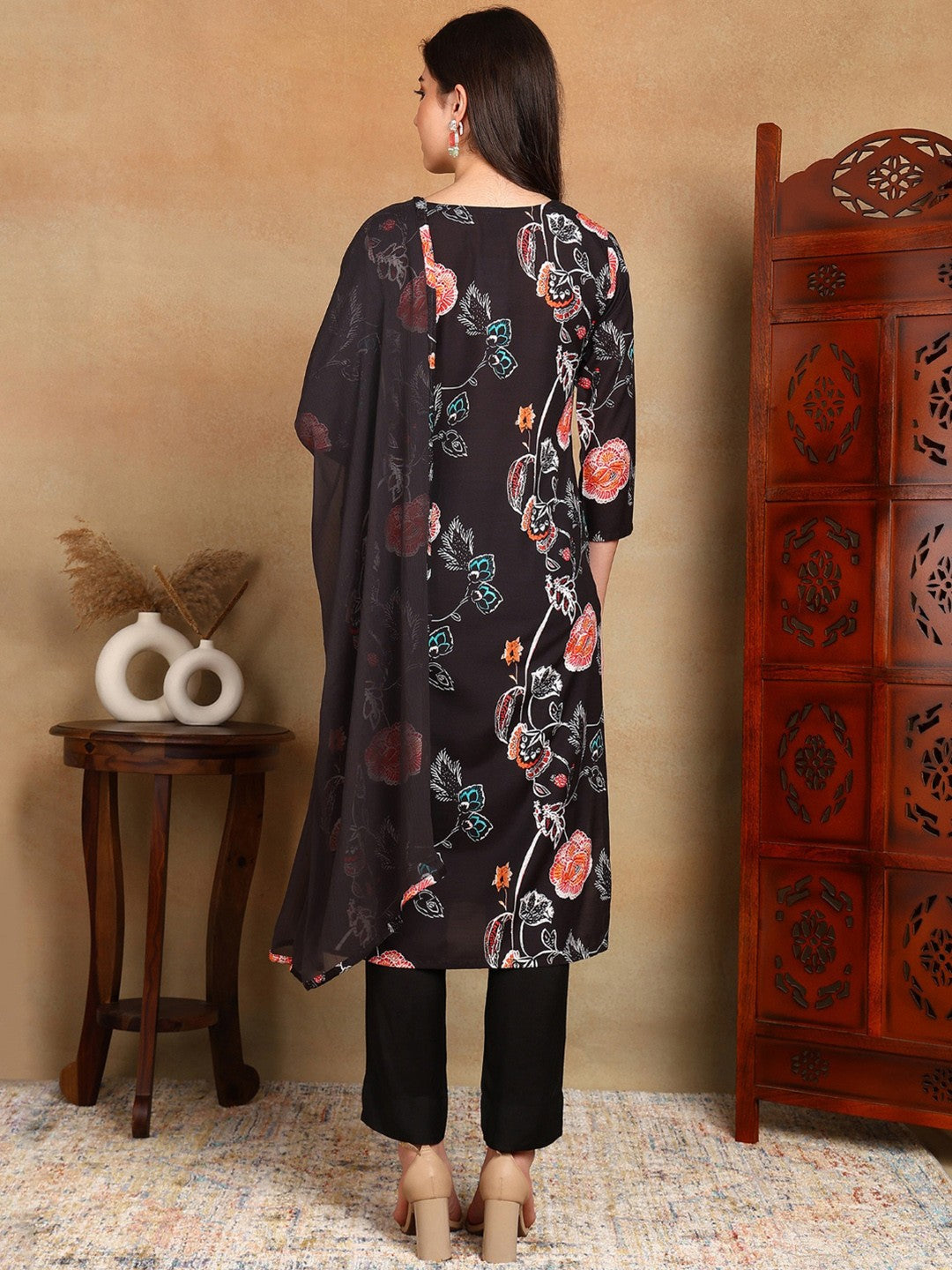 Black Floral Printed Zari Work Straight Kurta With Trousers & Dupatta