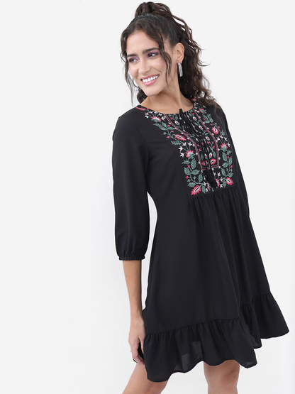 Black Floral Embroidered Tie-Up Neck A-Line Mini Dress