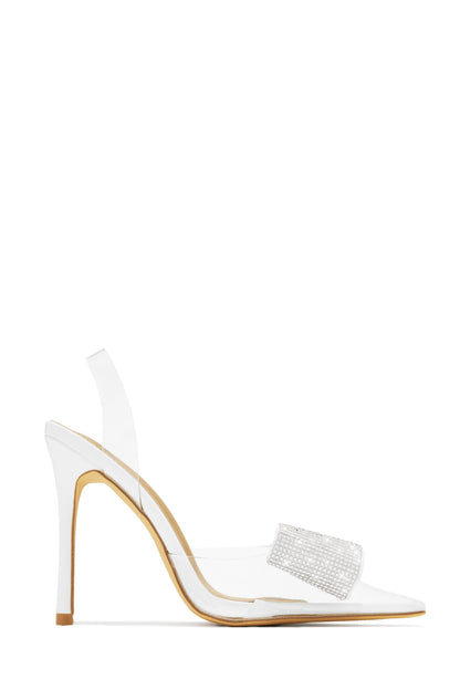 Chiara Embellished Bow Clear High Heel Pumps - White