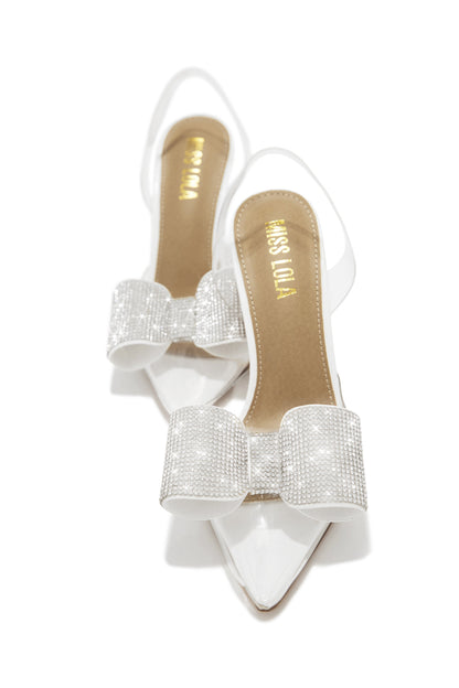Chiara Embellished Bow Clear High Heel Pumps - White