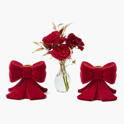 Red Velvet Bow Candle Holders (Pair)
