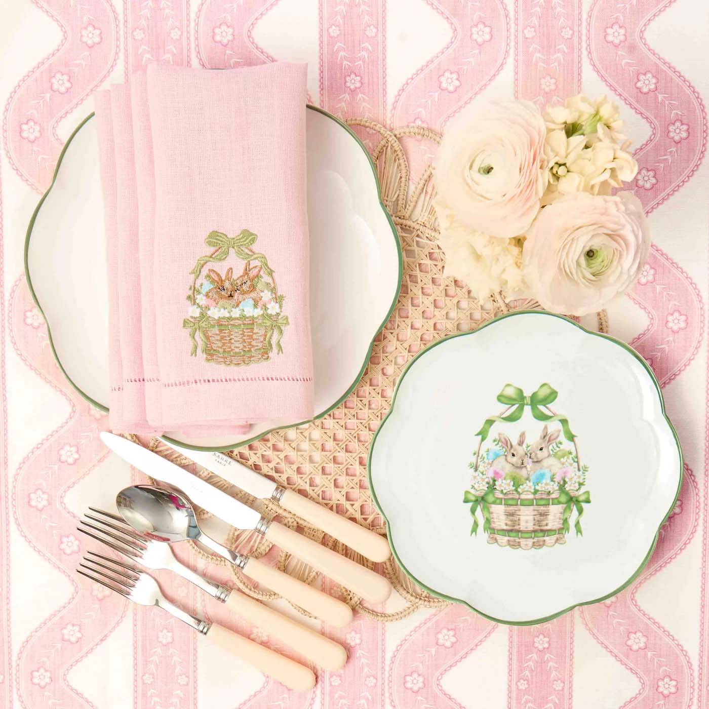 Pink & Green Eloise Linen Placemats & Bunnies in Basket Napkins (Set of 4)