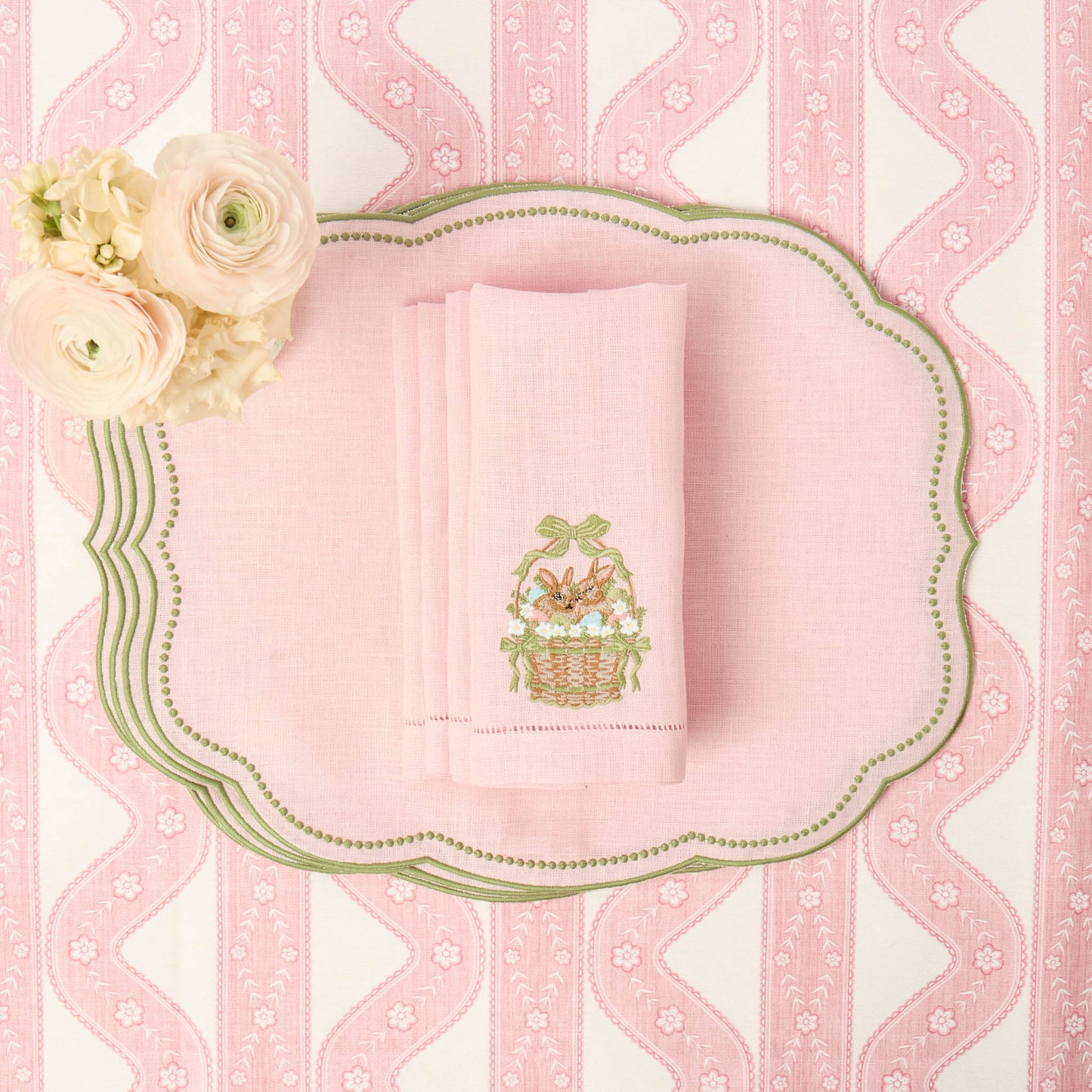 Pink & Green Eloise Linen Placemats & Bunnies in Basket Napkins (Set of 4)
