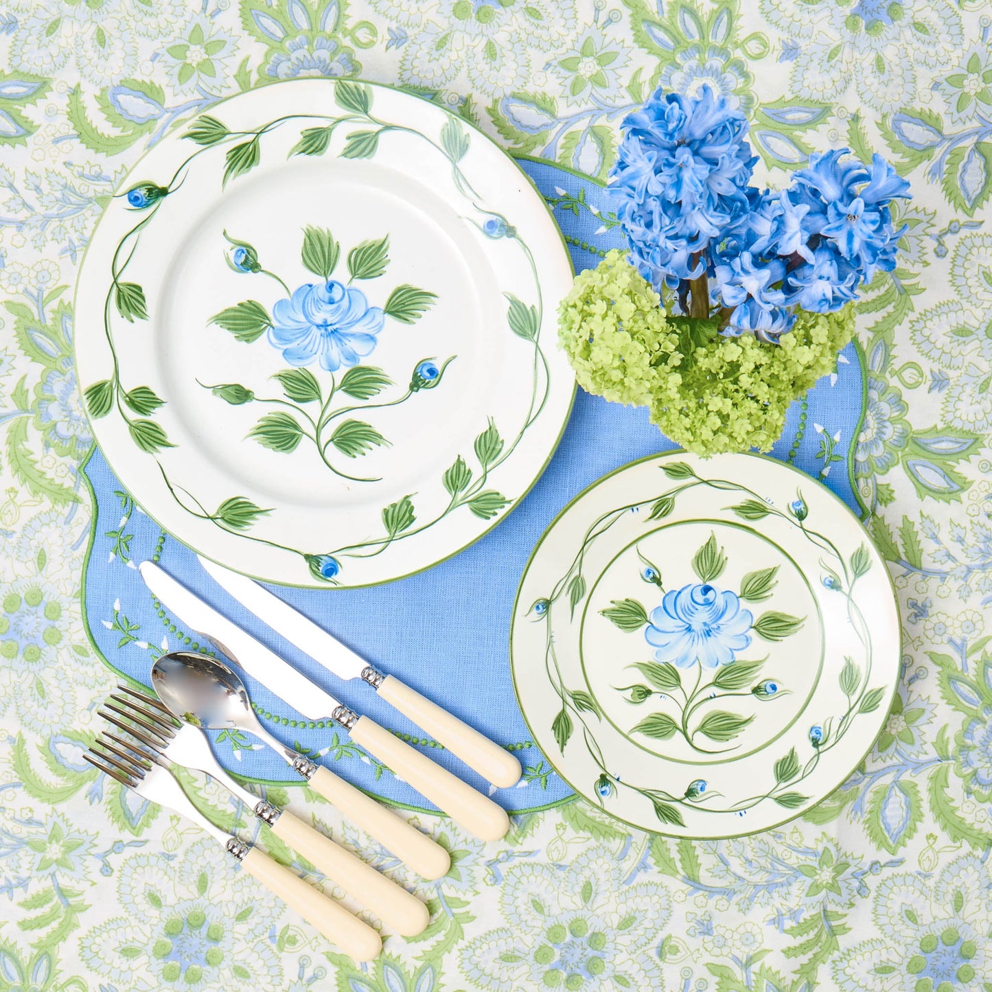 Blue Rose Bud Dinner & Starter Plates (Set of 8)