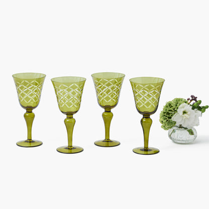 Olive Engraved Wine Glasses (Set of 4)