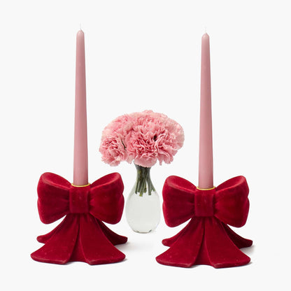 Red Velvet Bow Candle Holders (Pair)