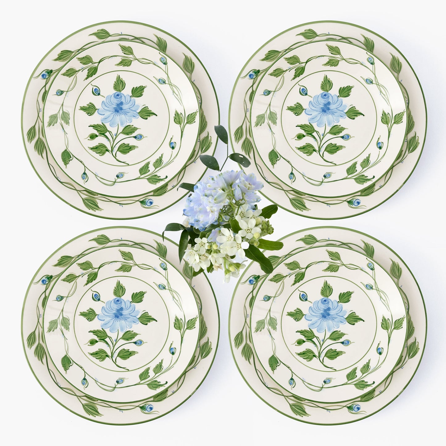 Blue Rose Bud Dinner & Starter Plates (Set of 8)