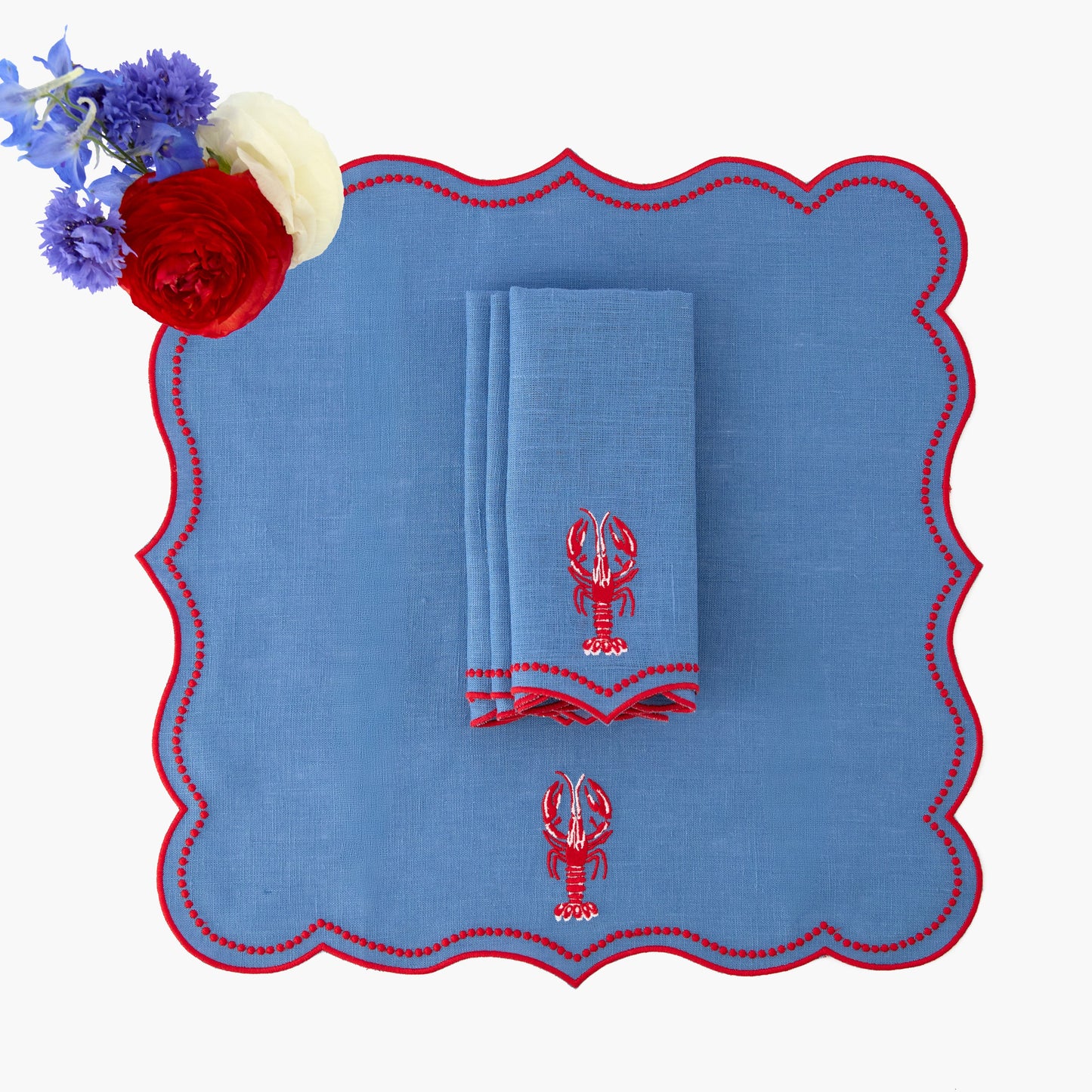 Blue Lobster Embroidered Linen Napkins (Set of 4)