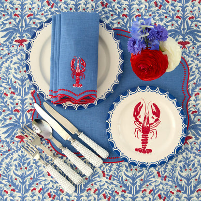 Blue Lobster Embroidered Linen Napkins (Set of 4)