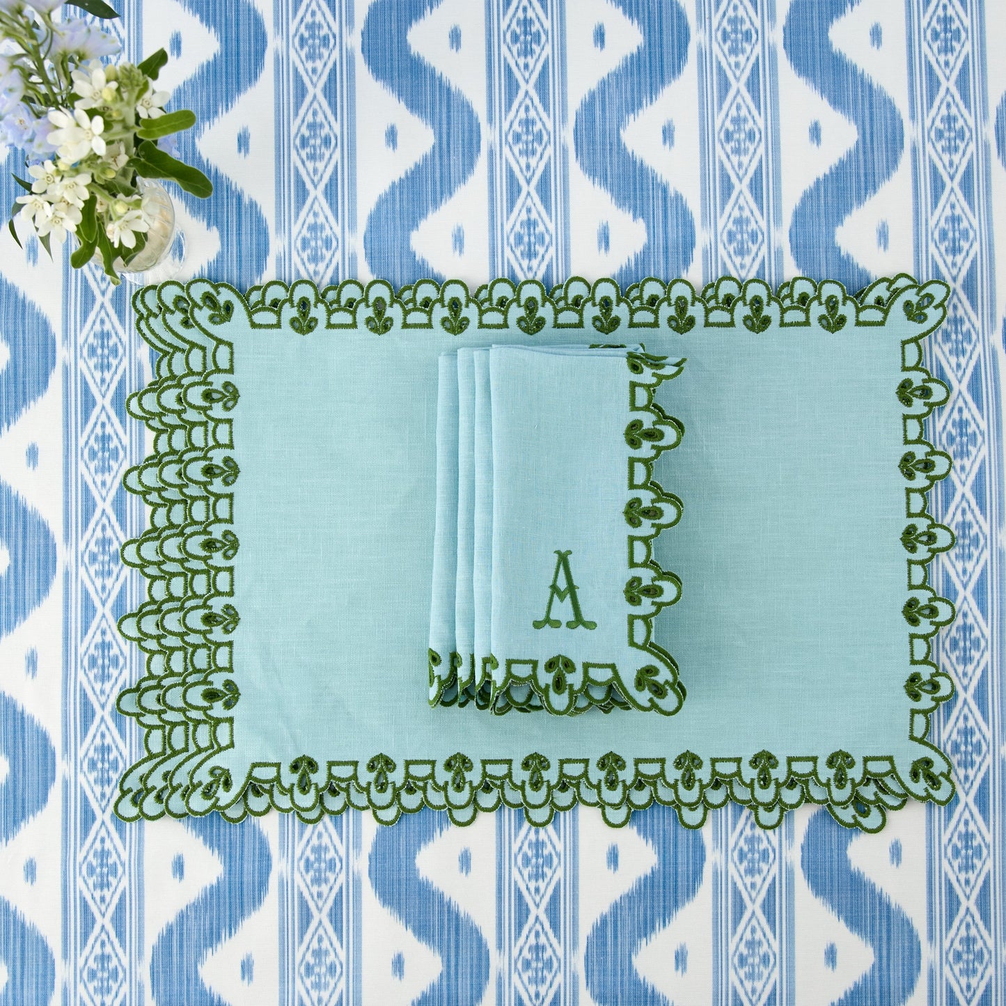 Blue & Green Sophia Waxed Placemats & Napkins (Set of 4)