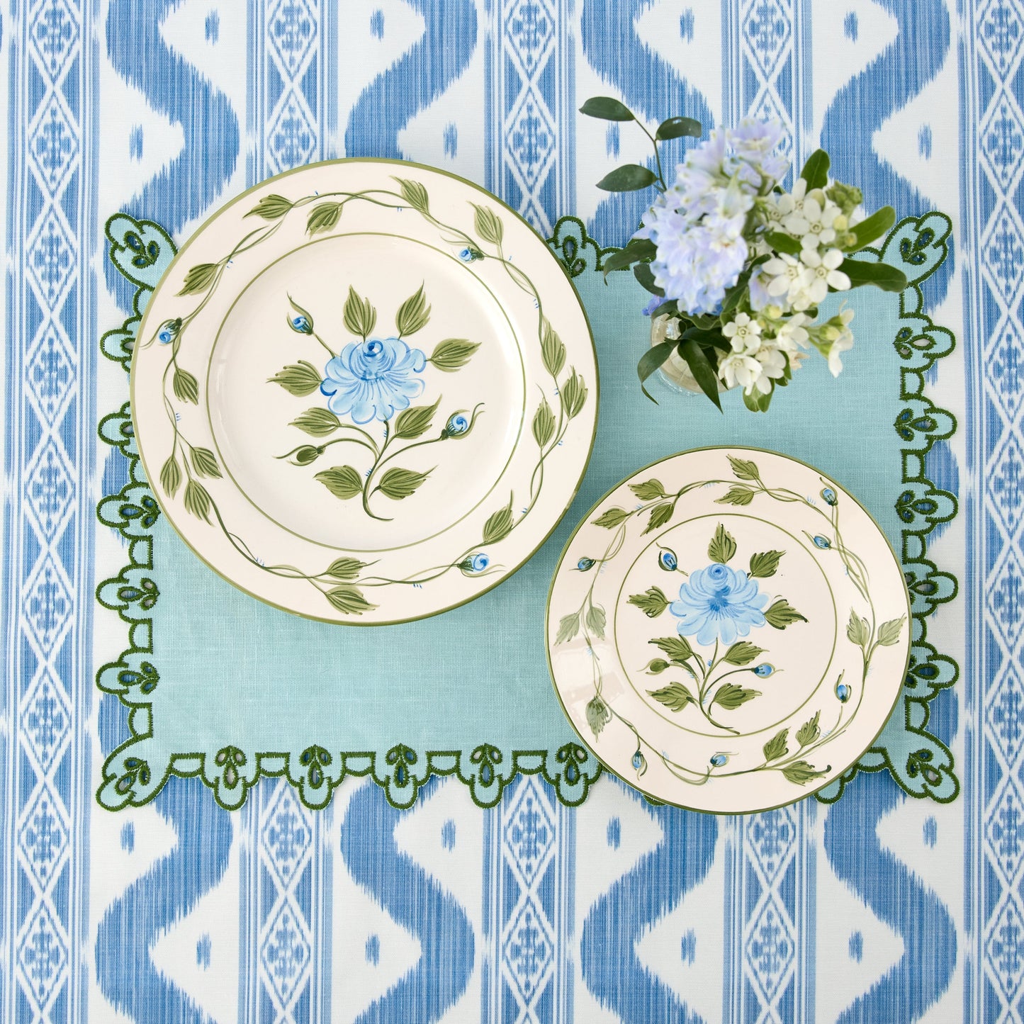 Blue Rose Bud Dinner & Starter Plates (Set of 8)