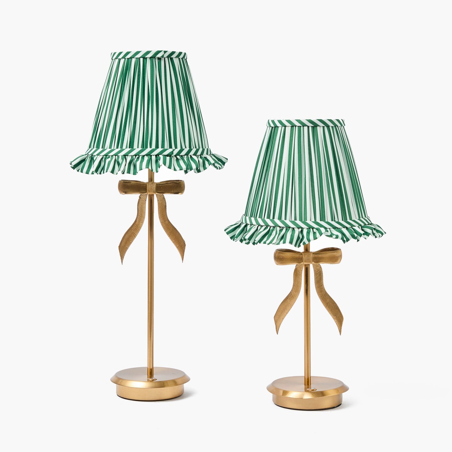 Tall Marilyn Bow Rechargeable Lamp with Forest Green Striped Ruffle Shade (18cm)