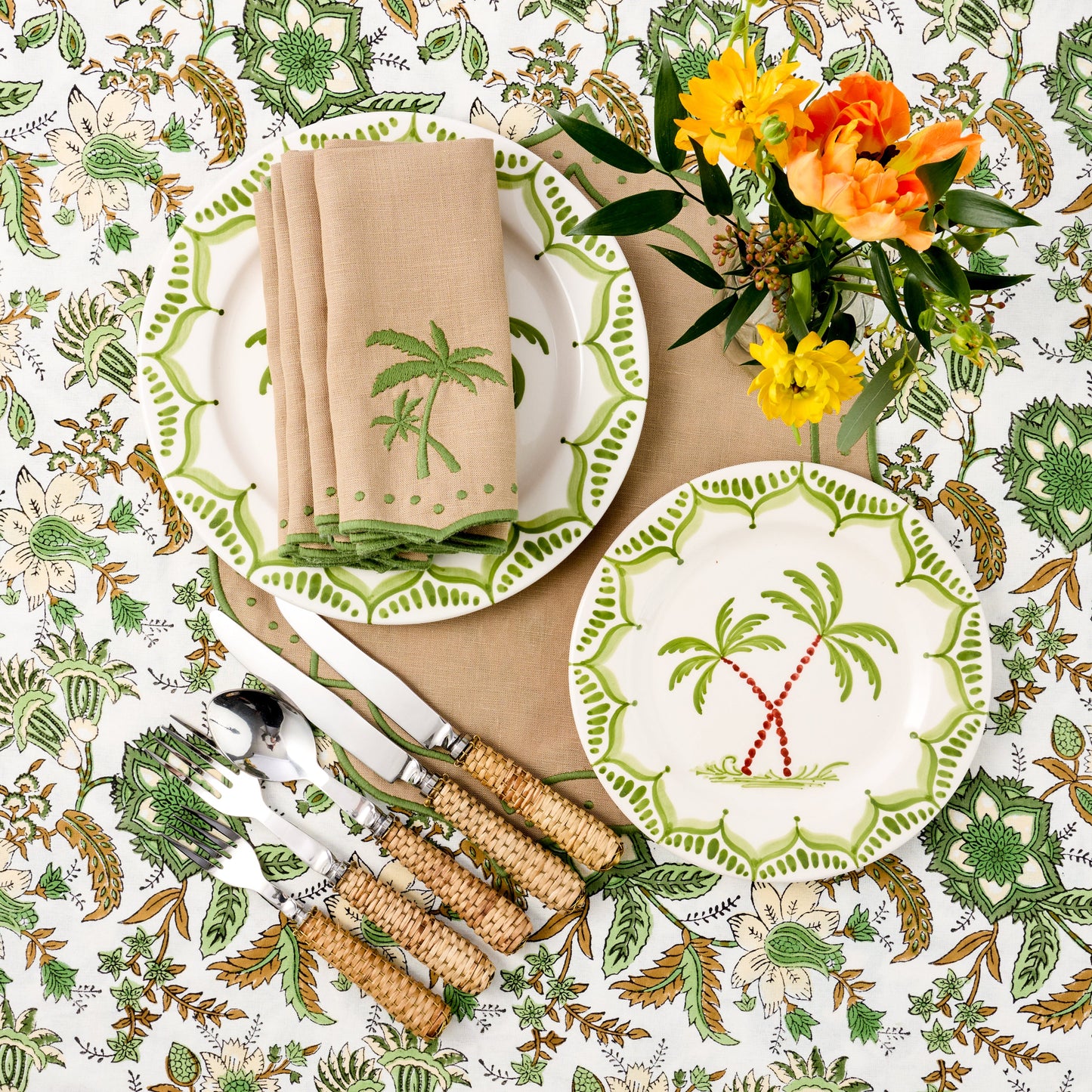 Sand & Green Celestria Placemats & Palm Tree Napkins (Set of 4)