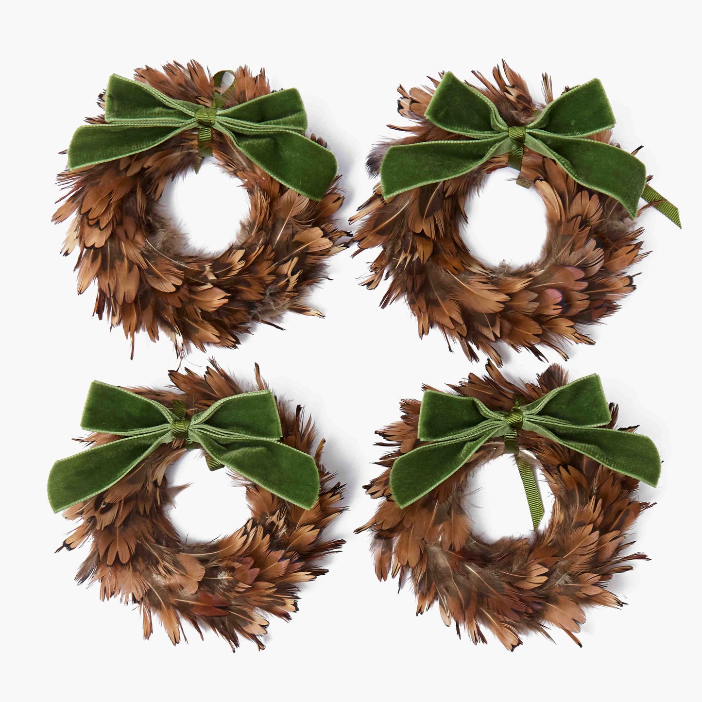 Feather Wreaths with Forest Green Velvet Bows (Set of 4)