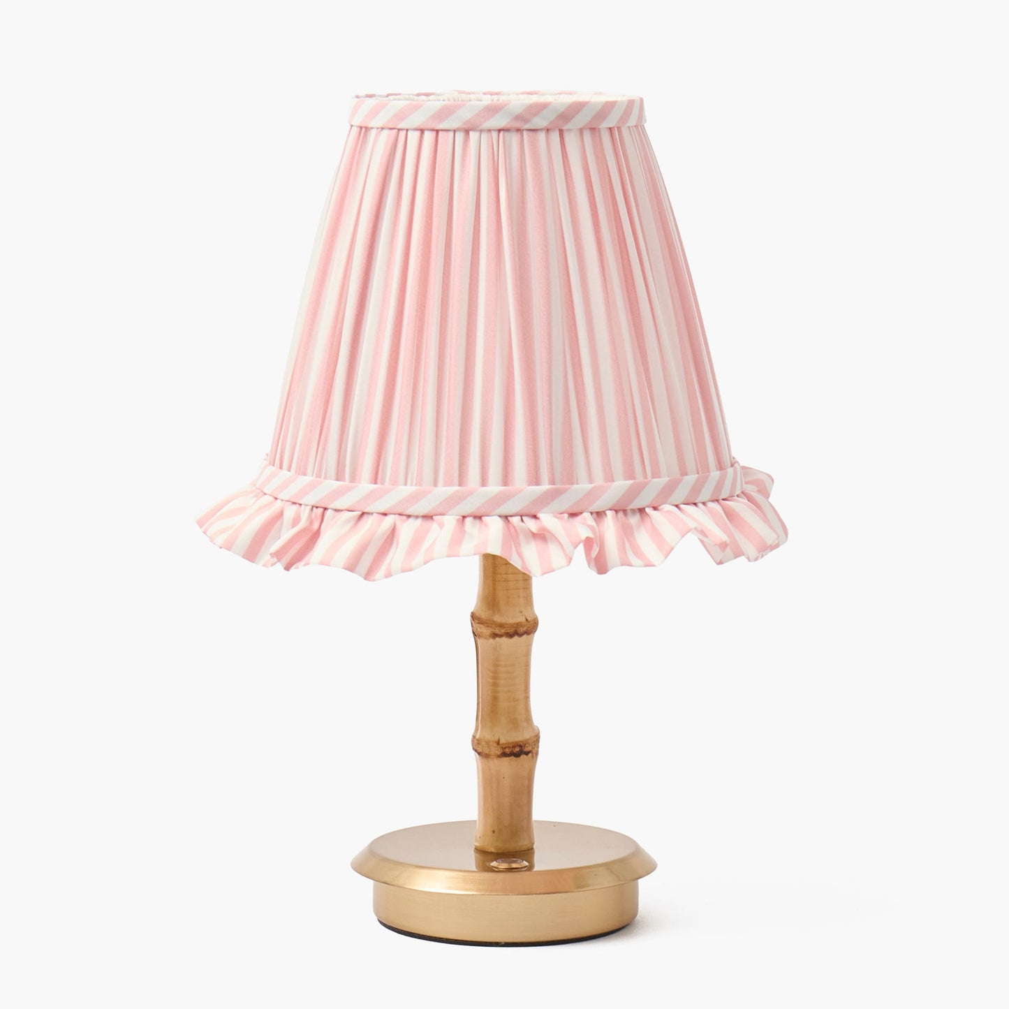 Bamboo Short Rechargeable Lamp with Pink Striped Ruffle Shade (18cm)